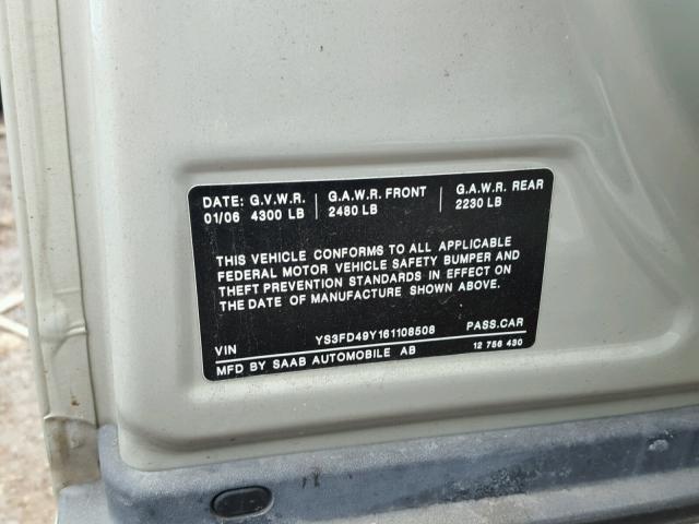 YS3FD49Y161108508 - 2006 SAAB 9-3 BASE BEIGE photo 10