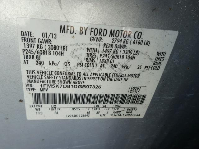 1FM5K7D81DGB97326 - 2013 FORD EXPLORER X SILVER photo 10