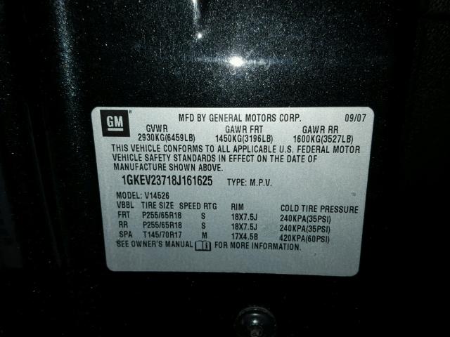 1GKEV23718J161625 - 2008 GMC ACADIA SLT შავი ფოტო 10