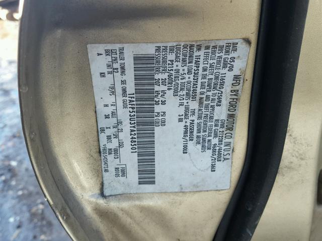 1FAFP53U3YA248501 - 2000 FORD TAURUS SE GOLD photo 10