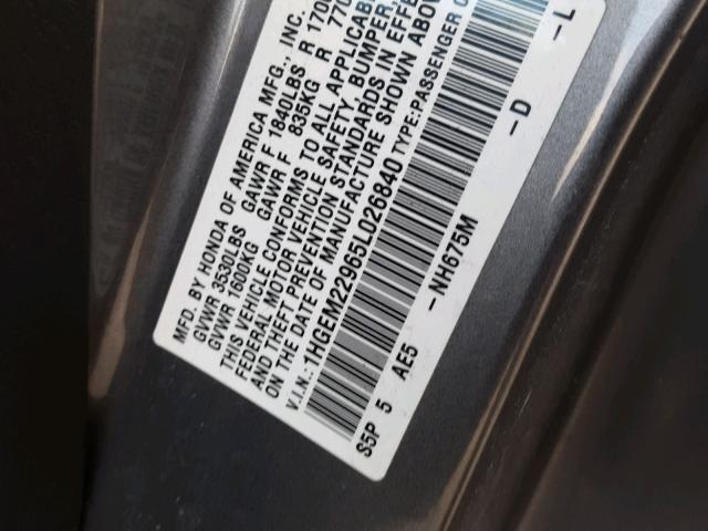 1HGEM22965L026840 - 2005 HONDA CIVIC EX GRAY photo 10