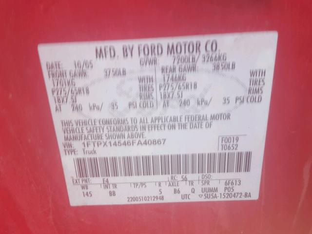 1FTPX14546FA40867 - 2006 FORD F150 RED photo 10