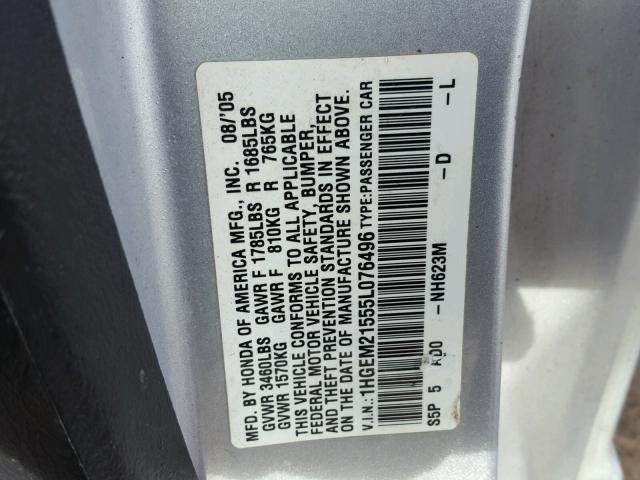 1HGEM21555L076496 - 2005 HONDA CIVIC LX SILVER photo 10