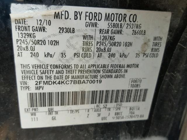 2FMDK4KC7BBA70019 - 2011 FORD EDGE LIMIT BLACK photo 10