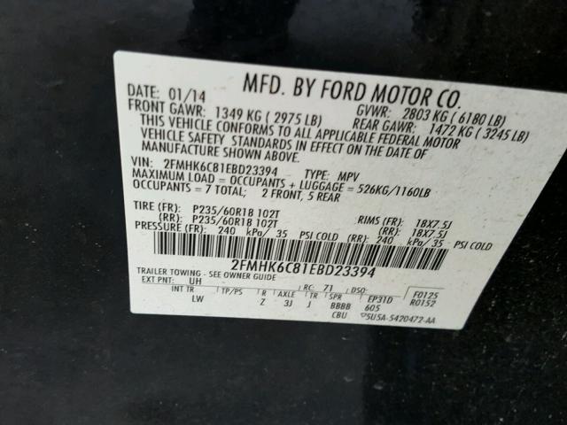 2FMHK6C81EBD23394 - 2014 FORD FLEX SEL BLACK photo 10