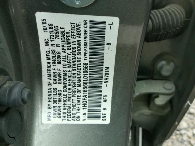 1HGFA16566L010668 - 2006 HONDA CIVIC LX GRAY photo 10