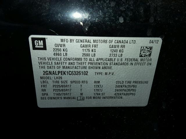 2GNALPEK1C6326102 - 2012 CHEVROLET EQUINOX LT BLACK photo 10