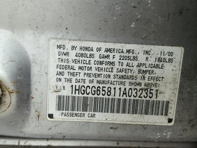 1HGCG65811A032351 - 2001 HONDA ACCORD EX SILVER photo 10