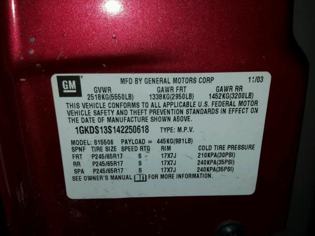 1GKDS13S142250618 - 2004 GMC ENVOY RED photo 10