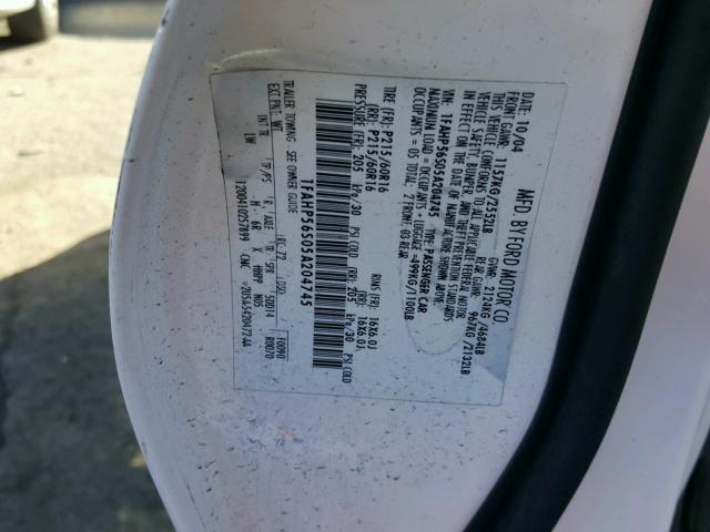 1FAHP56S05A204745 - 2005 FORD TAURUS SEL WHITE photo 10