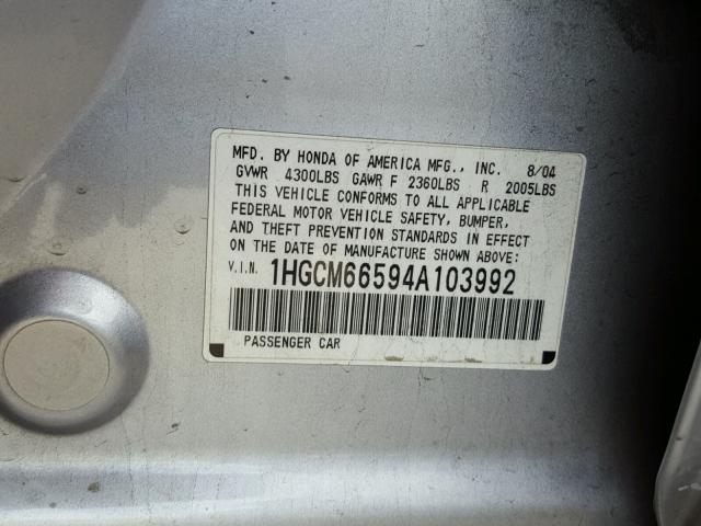 1HGCM66594A103992 - 2004 HONDA ACCORD EX SILVER photo 10