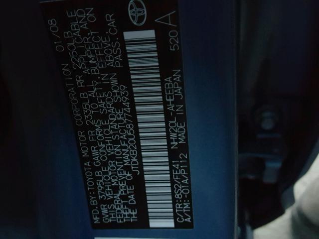 JTDKB20U587744939 - 2008 TOYOTA PRIUS BLUE photo 10