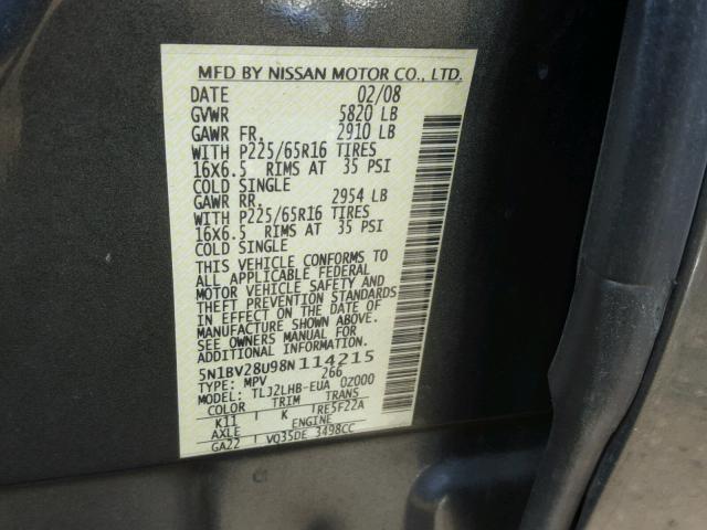 5N1BV28U98N114215 - 2008 NISSAN QUEST S GRAY photo 10