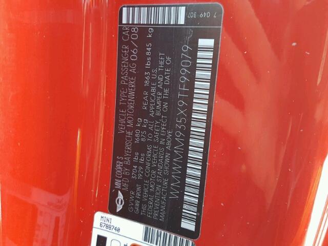 WMWMM935X9TF99079 - 2009 MINI COOPER CLU RED photo 10