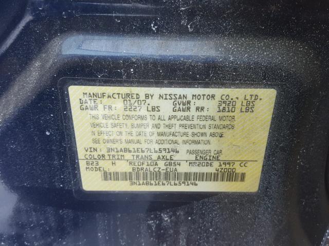 3N1AB61E67L659146 - 2007 NISSAN SENTRA 2.0 BLUE photo 10