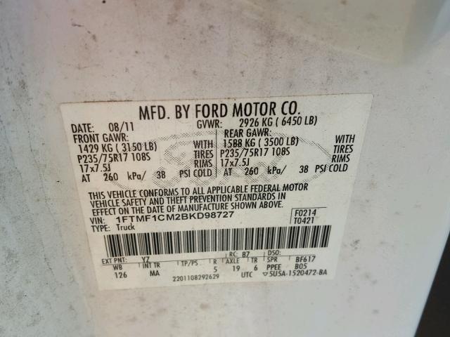 1FTMF1CM2BKD98727 - 2011 FORD F150 WHITE photo 10