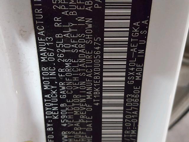 4T1BK1EBXDU056475 - 2013 TOYOTA AVALON BAS WHITE photo 10