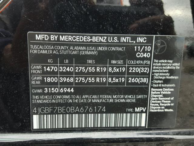 4JGBF7BE0BA676174 - 2011 MERCEDES-BENZ GL 450 4MA BLACK photo 10