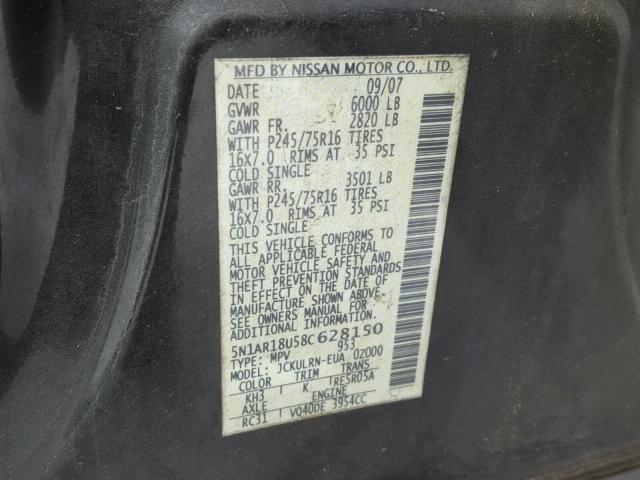 5N1AR18U58C628150 - 2008 NISSAN PATHFINDER BLACK photo 10