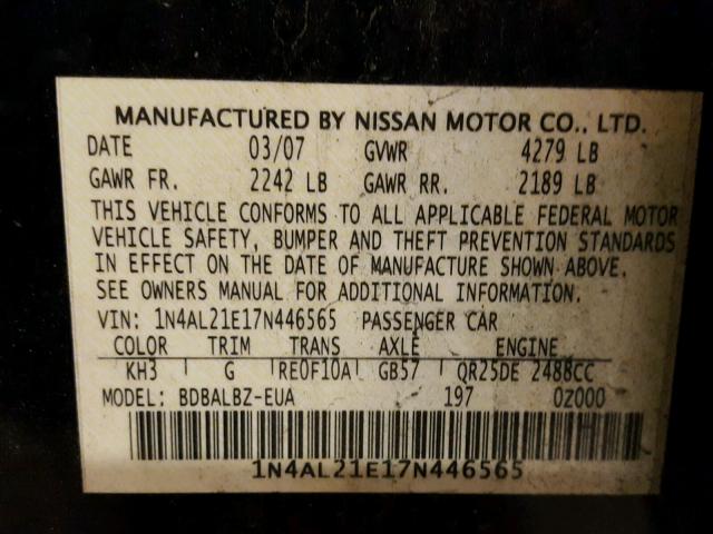 1N4AL21E17N446565 - 2007 NISSAN ALTIMA 2.5 BLACK photo 10