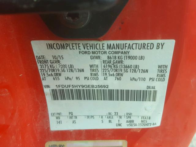 1FDUF5HY9GEB25692 - 2016 FORD F550 SUPER RED photo 10