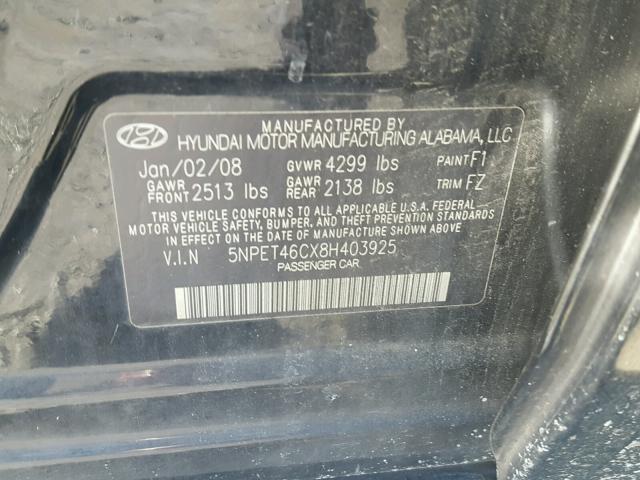 5NPET46CX8H403925 - 2008 HYUNDAI SONATA GLS BLACK photo 10