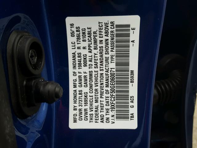 19XFC2F50GE060071 - 2016 HONDA CIVIC LX BLUE photo 10