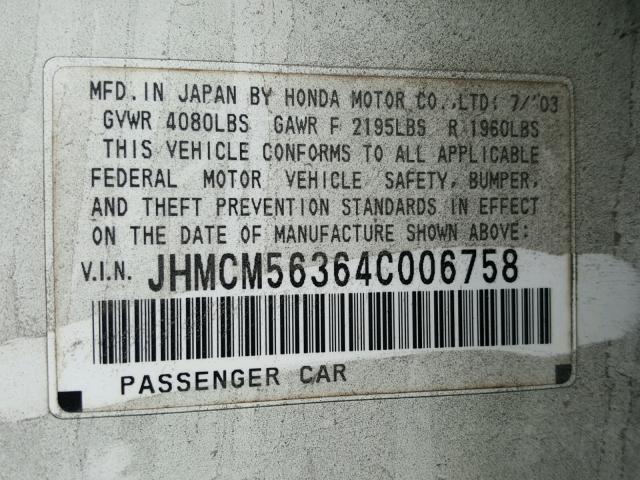 JHMCM56364C006758 - 2004 HONDA ACCORD LX WHITE photo 10