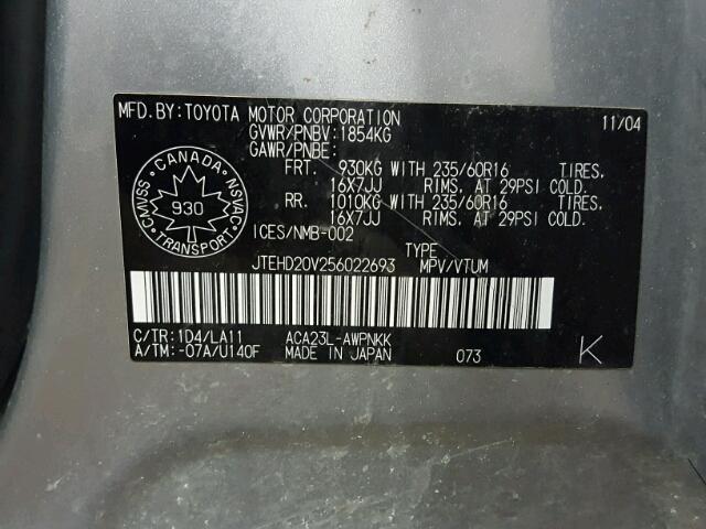 JTEHD20V256022693 - 2005 TOYOTA RAV4 SILVER photo 10