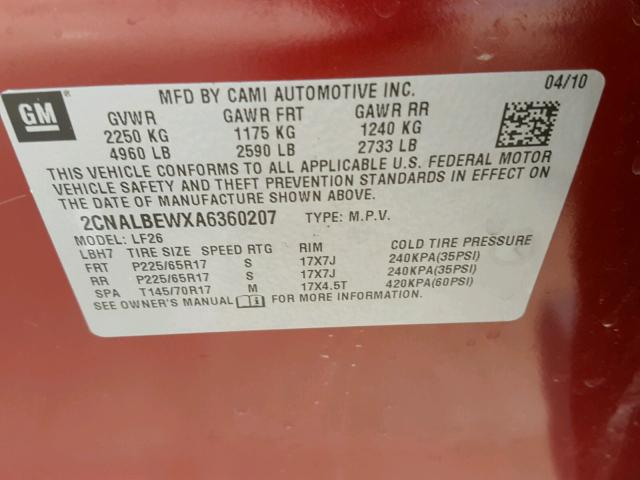 2CNALBEWXA6360207 - 2010 CHEVROLET EQUINOX LS RED photo 10