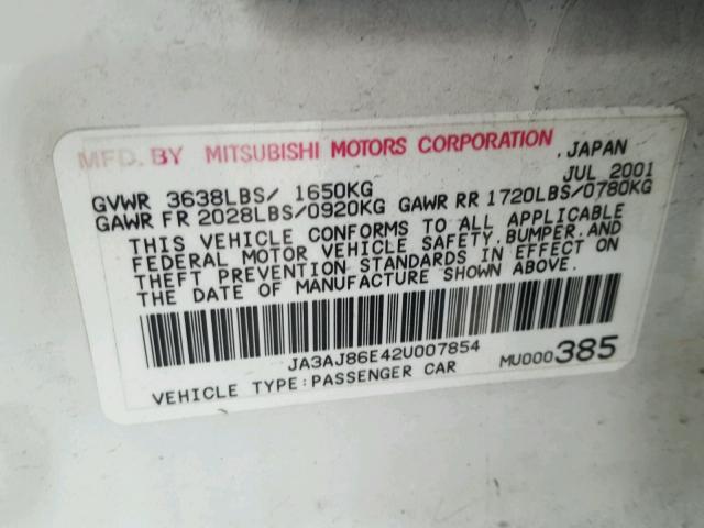 JA3AJ86E42U007854 - 2002 MITSUBISHI LANCER OZ WHITE photo 10