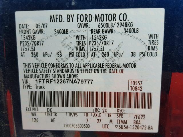 1FTRF12267NA79777 - 2007 FORD F150 BLUE photo 10