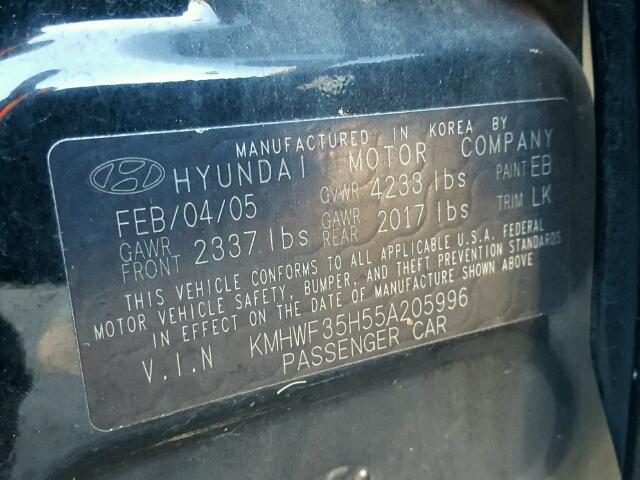 KMHWF35H55A205996 - 2005 HYUNDAI SONATA GLS BLACK photo 10