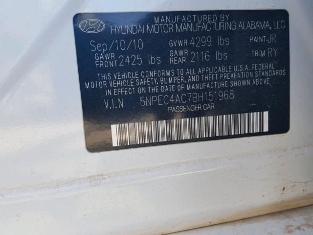 5NPEC4AC7BH151968 - 2011 HYUNDAI SONATA SE WHITE photo 10