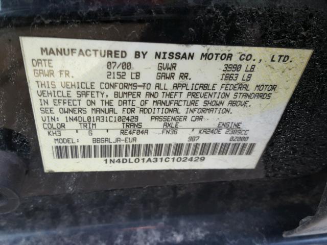 1N4DL01A31C102429 - 2001 NISSAN ALTIMA GXE BLACK photo 10