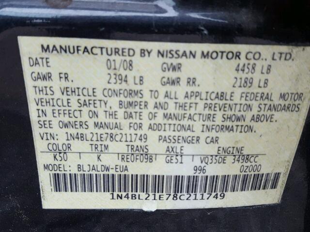 1N4BL21E78C211749 - 2008 NISSAN ALTIMA 3.5 GRAY photo 10