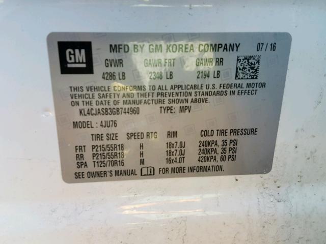 KL4CJASB3GB744960 - 2016 BUICK ENCORE WHITE photo 10