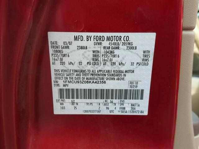 1FMCU93Z08KA42356 - 2008 FORD ESCAPE XLT RED photo 10