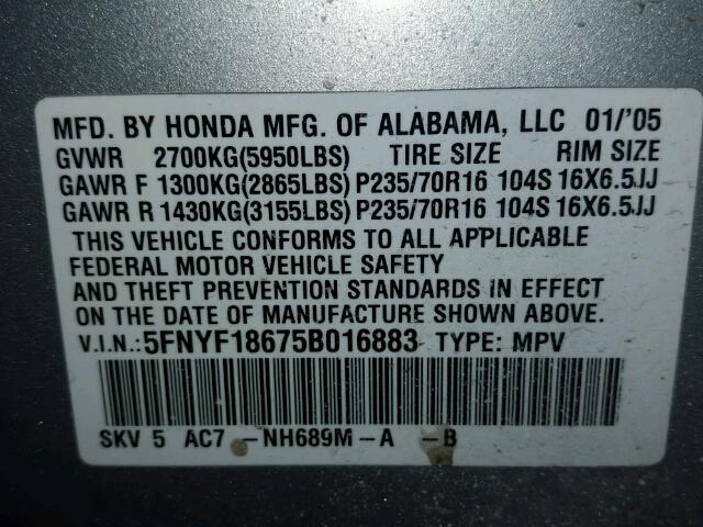 5FNYF18675B016883 - 2005 HONDA PILOT EXL SILVER photo 10