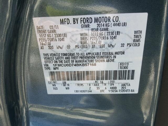 1FMCU0D74BKB57168 - 2011 FORD ESCAPE XLT BLUE photo 10