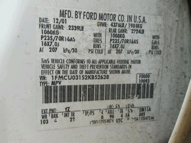 1FMCU03152KB52638 - 2002 FORD ESCAPE XLT WHITE photo 10