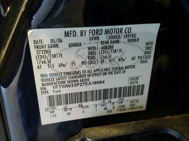 1FTWW33P27EA18984 - 2007 FORD F350 SUPER BLUE photo 10