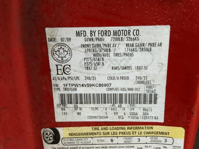 1FTPW14V59KC86907 - 2009 FORD F150 SUPER RED photo 10