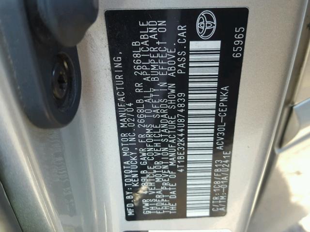 4T1BE32K44U874839 - 2004 TOYOTA CAMRY LE SILVER photo 10