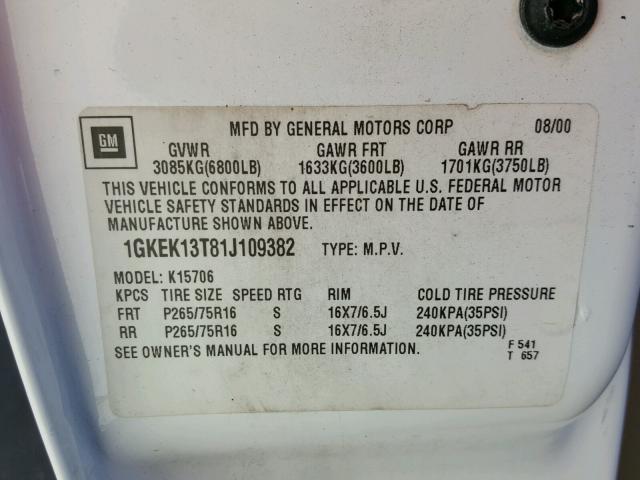 1GKEK13T81J109382 - 2001 GMC YUKON WHITE photo 10