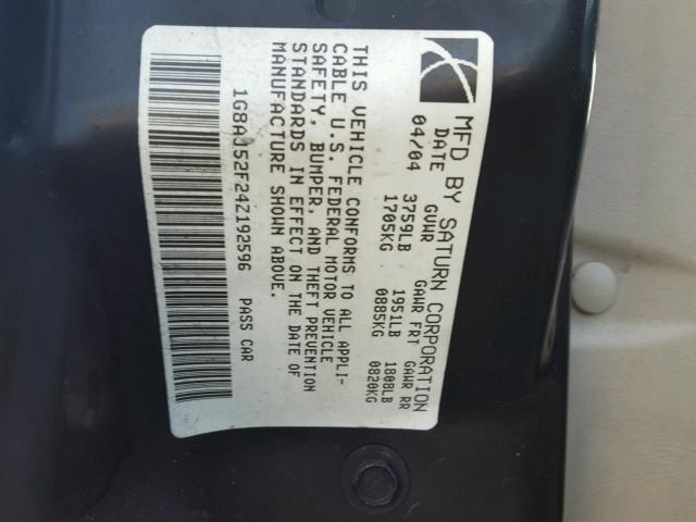 1G8AJ52F24Z192596 - 2004 SATURN ION LEVEL BLACK photo 10