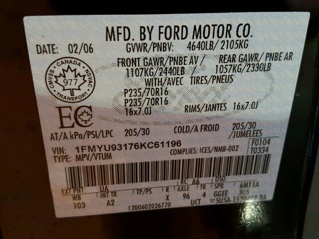 1FMYU93176KC61196 - 2006 FORD ESCAPE XLT BLACK photo 10