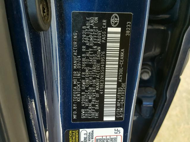 4T1BE32K65U409576 - 2005 TOYOTA CAMRY LE BLUE photo 10