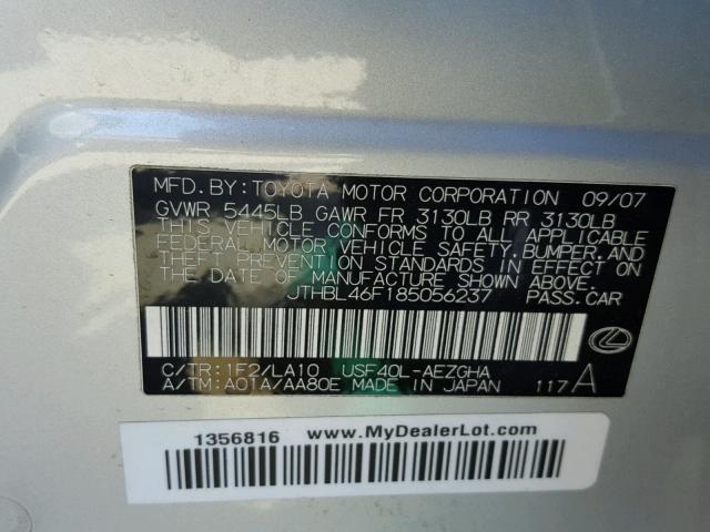 JTHBL46F185056237 - 2008 LEXUS LS 460 SILVER photo 10