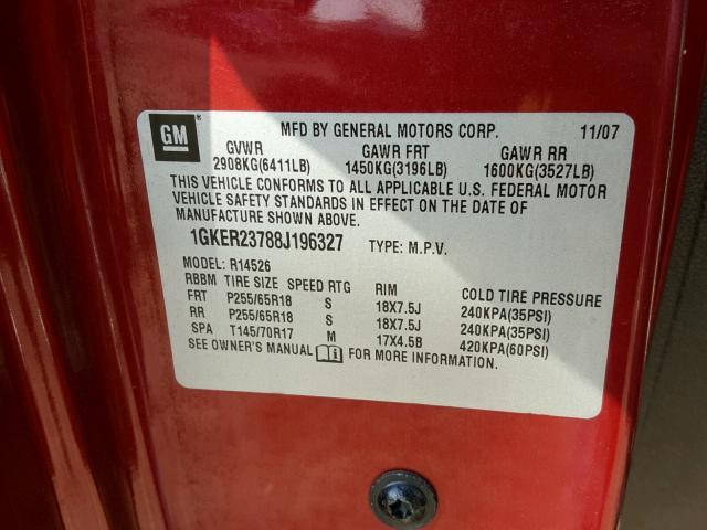 1GKER23788J196327 - 2008 GMC ACADIA SLT მუქწითელი ფოტო 10